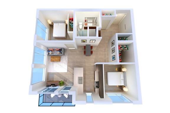 A 3D floor plan of a house with a kitchen, living room, dining room, and bathroom.