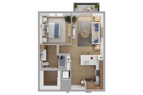 a 3d rendering of a 1 bedroom floor plan with a bathroom and a kitchen