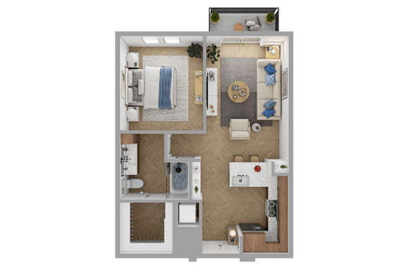 a 3d rendering of a furnished apartment with a bedroom and a living room