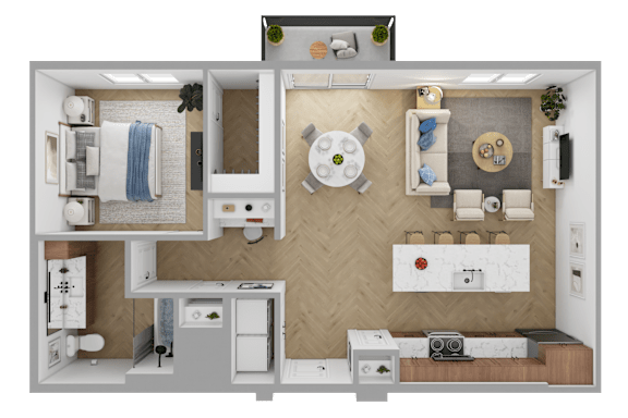 a rendering of a 1 bedroom floor plan with a bathroom and a living room