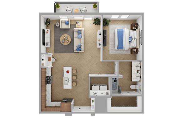 a stylized floor plan of a hotel room with a bedroom and a bathroom