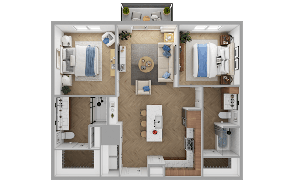 a 3d rendering of a bedroom and bathroom floor plan