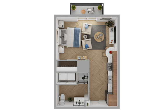 a rendering of a 1 bedroom floor plan with a bathroom and a living room