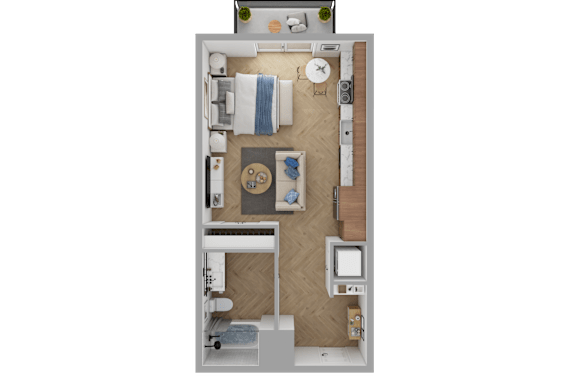 a floor plan of a bedroom with a bathroom and a living room
