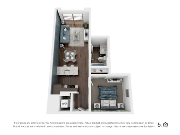 A floor plan of a small apartment with a living room, kitchen, and bedroom.