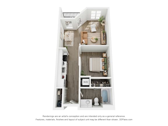 A 3D floor plan of a small apartment with a kitchen, living room, and bathroom.