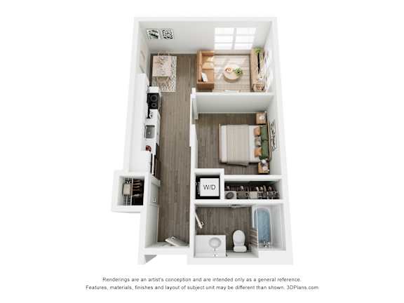 A 3D image of a small apartment with a kitchen, living room, and bathroom.