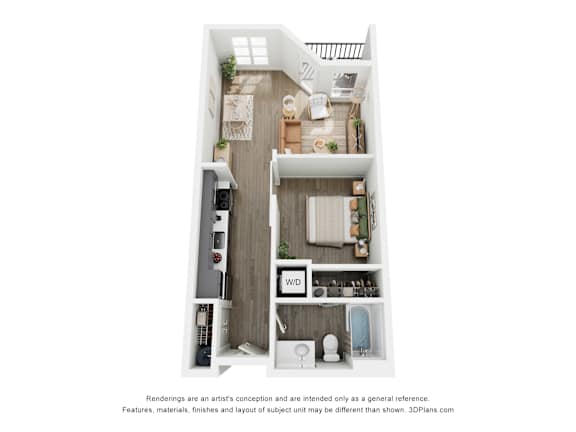 A 3D floor plan of a small apartment with a kitchen, living room, and bathroom.