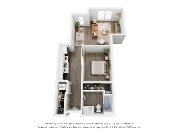 A 3D floor plan of a small apartment with a kitchen, living room, and bathroom.