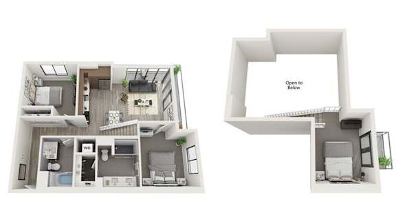 A diagram of a house layout with two rooms on the left and one on the right.
