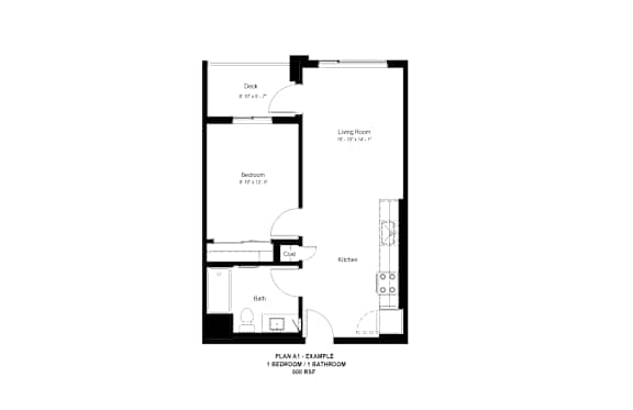 A floor plan of a one bedroom apartment.