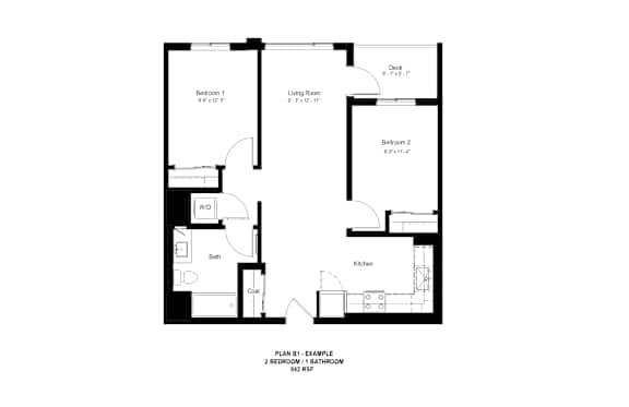 A floor plan of a 2 bedroom, 842 square feet residence.