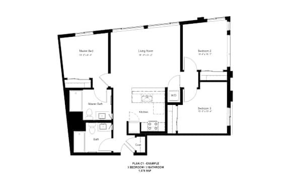 A black and white image of a floor plan for a 3 bedroom, 2 bathroom apartment.