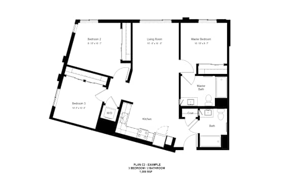A floor plan of a 3 bedroom, 2 bathroom apartment.