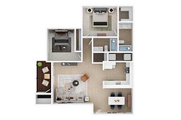A top-down view of a small apartment layout with a kitchen, living room, and bedroom.