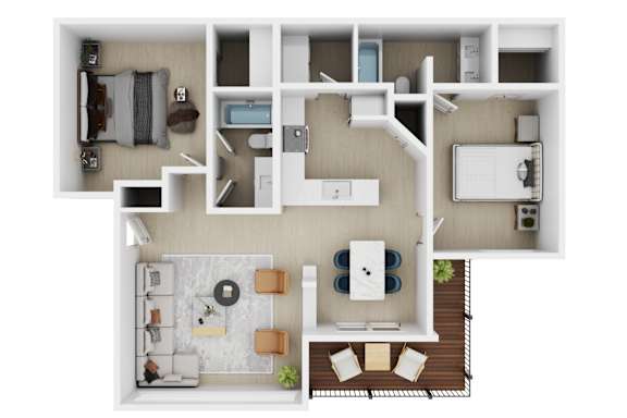 A top-down view of a house layout with a kitchen, living room, dining area, and bedrooms.