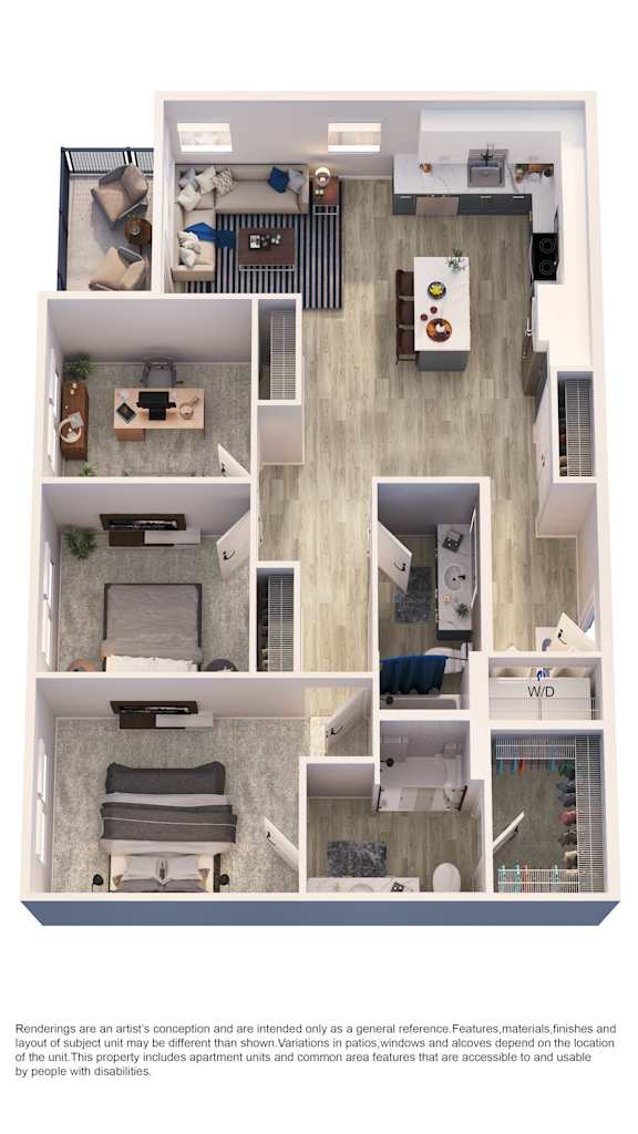 A floor plan of a house with a kitchen, living room, bedrooms and bathrooms.