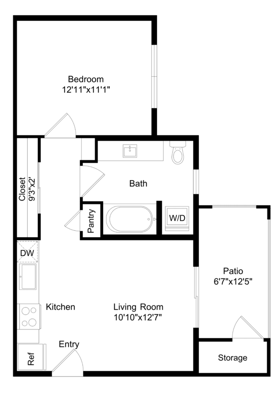 A floor plan of a house with a living room, kitchen, bathroom, and bedroom.