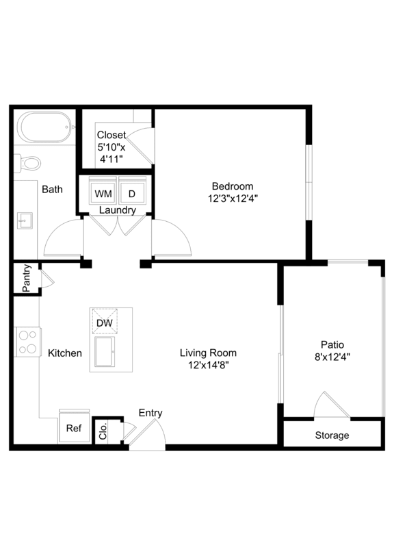 A floor plan of a house with a living room, kitchen, bathroom, bedroom, and storage.