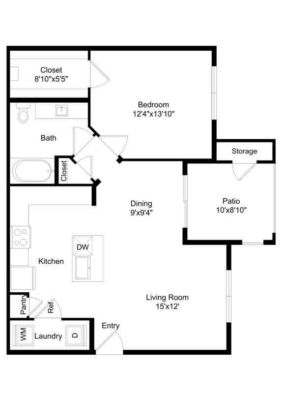 A floor plan of a house with a living room, kitchen, dining room, bedroom, bathroom, closet, and storage area.