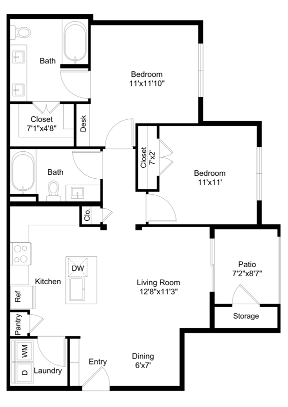 A floor plan of a house with two bedrooms, a living room, a kitchen, a pantry, a bathroom, a closet, a storage area, and a dining area.