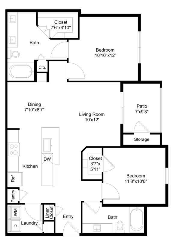 A floor plan of a house with a living room, dining room, kitchen, and two bedrooms.