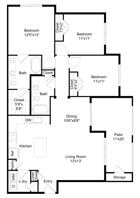 A floor plan of a house with two bedrooms, a living room, a kitchen, a bathroom, a dining area, a pantry, an entry, a storage area, and a patio.