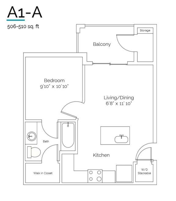 A floor plan of a one bedroom apartment with a living room, kitchen, bathroom, and balcony.