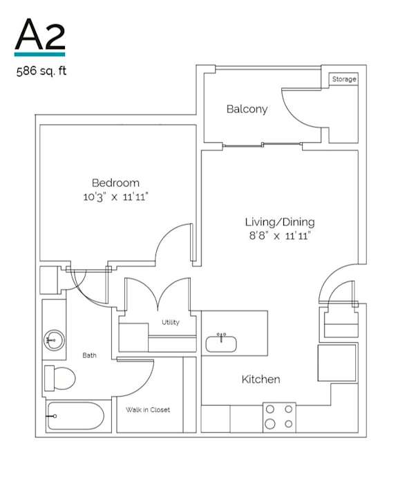 A floor plan of a 586 square foot apartment with a bedroom, living/dining area, kitchen, bath, and storage.