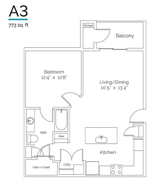 A drawing of a floor plan for a 773 square foot apartment.