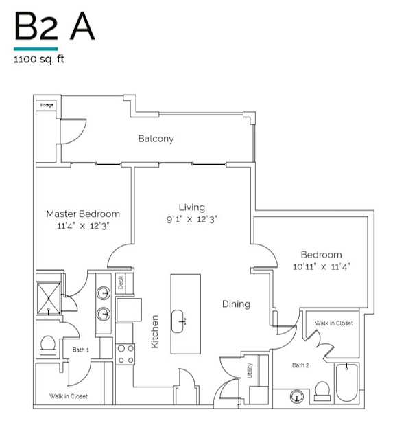 A floor plan of a 1100 square foot home with a balcony, two bathrooms, a kitchen, and two bedrooms.