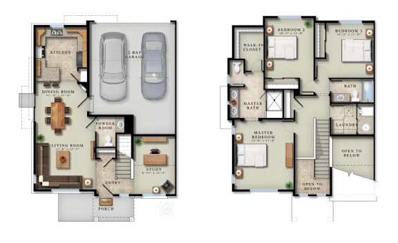 A floor plan of a two-story house with a garage and a study.