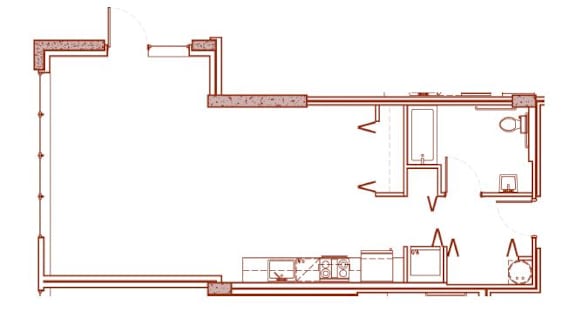 A red line drawing of a house with a kitchen and living room.