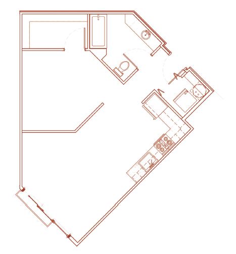 A red outline drawing of a house plan.