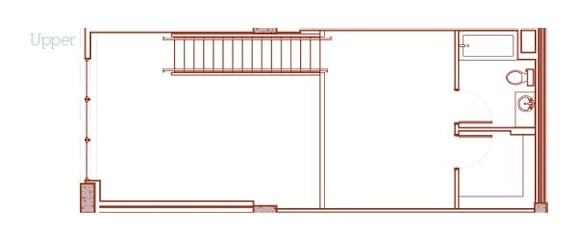 A red line drawing of a floor plan with a kitchen area and a bedroom.