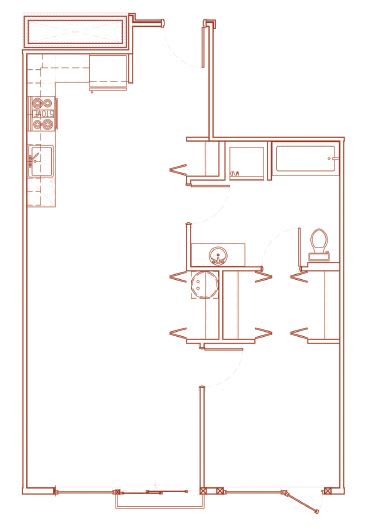 A red line drawing of a floor plan of a room.