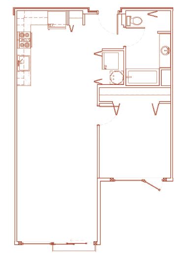 A red line drawing of a floor plan of a room.
