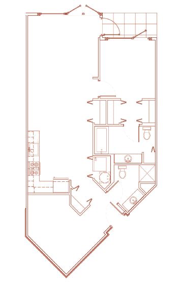 A red line drawing of a house plan.