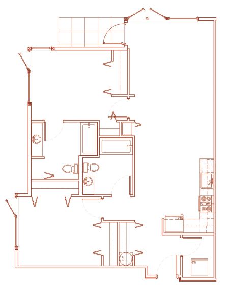 A red line drawing of a floor plan of a house.