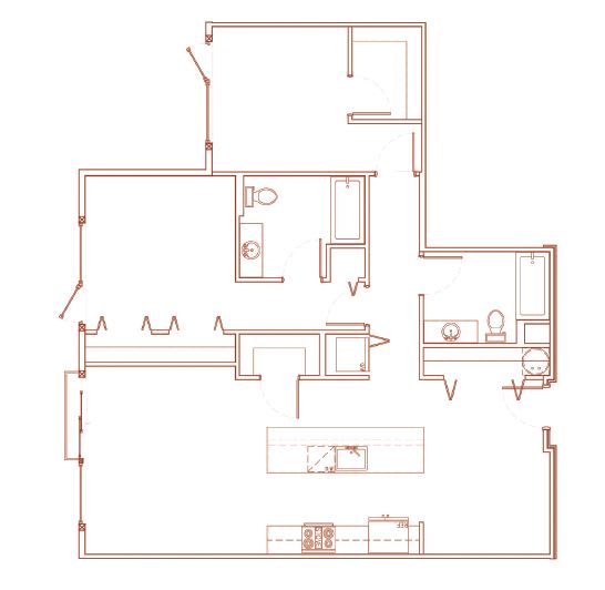 A red outline drawing of a house with a kitchen, living room, and bathroom.