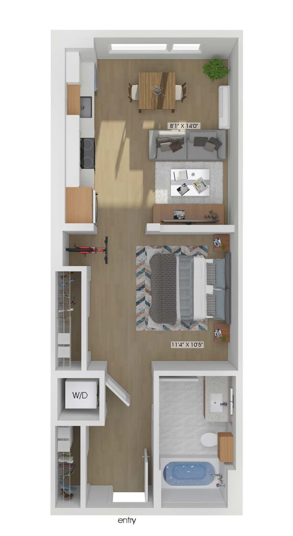 3D floor plan of a studio bedroom 1 bathroom apartment sized 524 square feet.