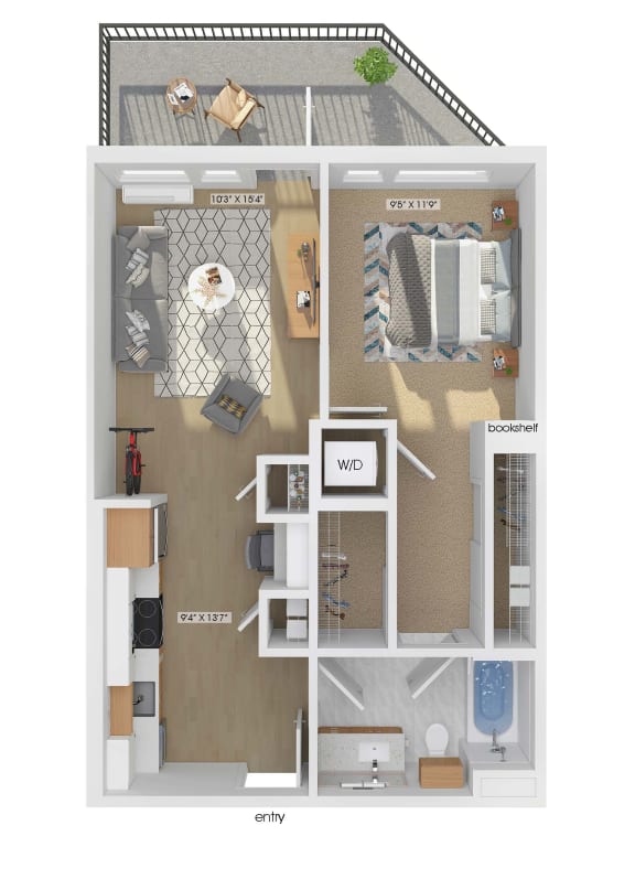 3D floor plan of a 1 bedroom 1 bathroom apartment sized 626 square feet.