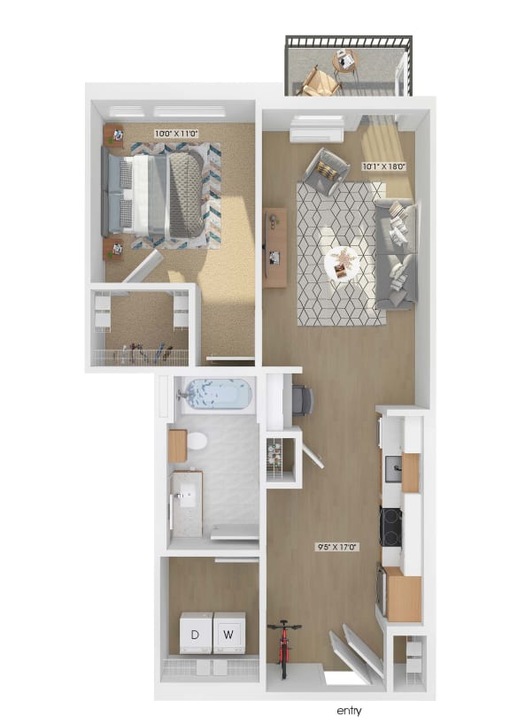 3D floor plan of a 1 bedroom 1 bathroom apartment sized 691 square feet.