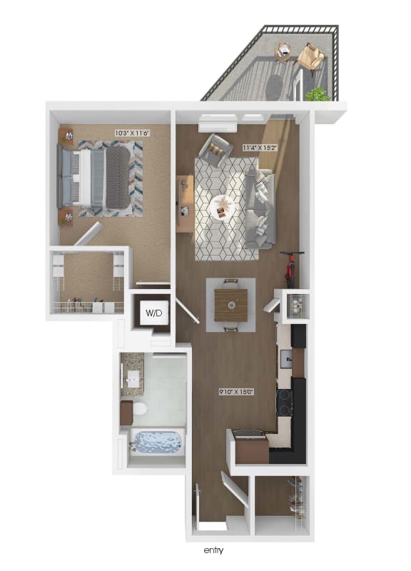 3D floor plan of a 1 bedroom 1 bathroom apartment sized 699 square feet.