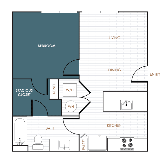 a floor plan of a 1 story apartment with a bedroom and a living room