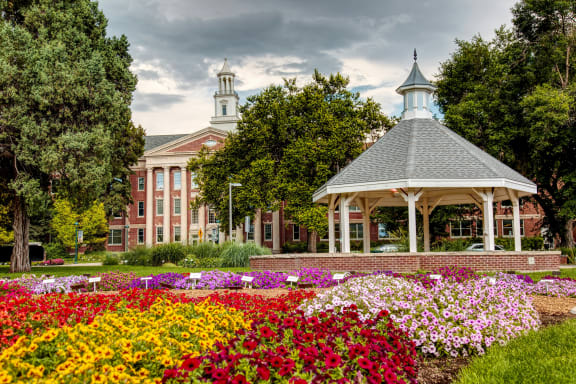 a city with a park and a gazebo