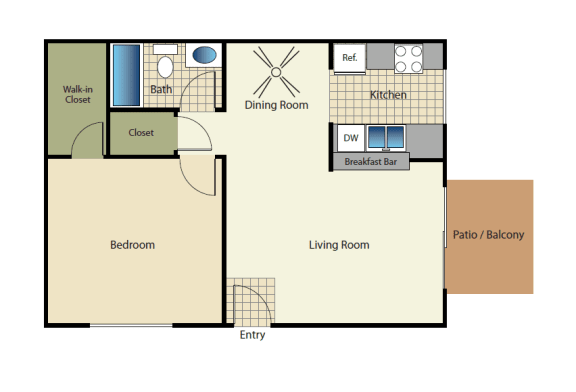 One bedroom one bath apartment floorplan