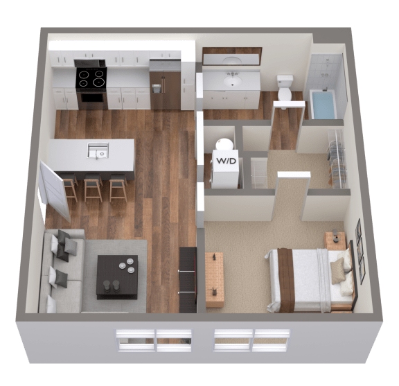 a 3d floor plan of a house with a bedroom and a living room