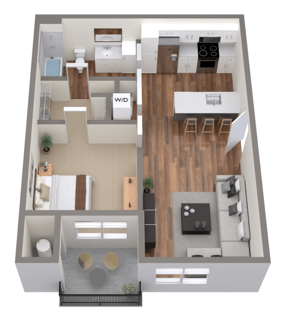 a 3d floor plan of a home with a bedroom and a living room