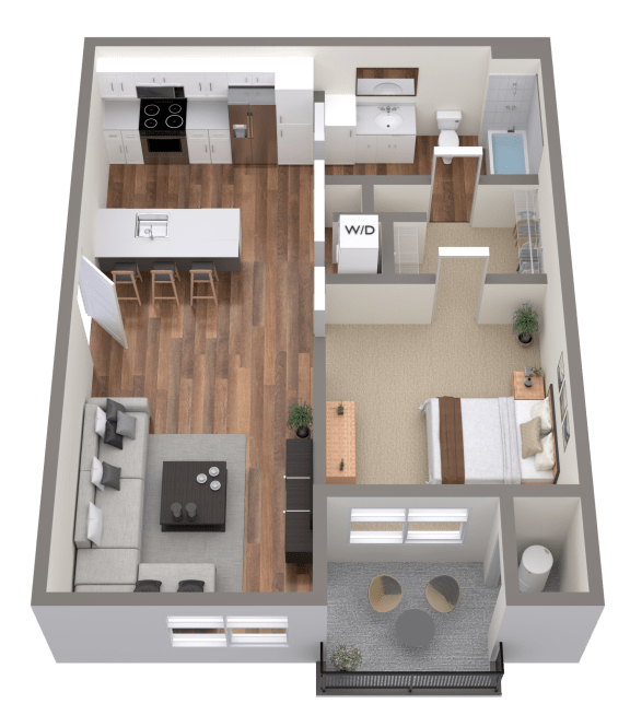 a 3d rendering of a floor plan with a bedroom and a living room